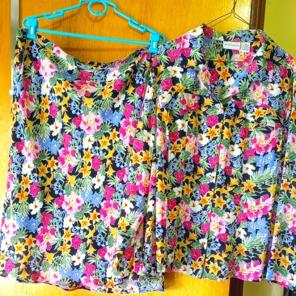Fashion Bug, Size 2X, Floral Skirt and Blouse Set, elastic waist, pink, blue - Picture 1 of 4